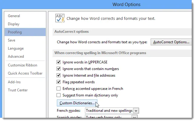 How to work with custom dictionaries in Word 2013