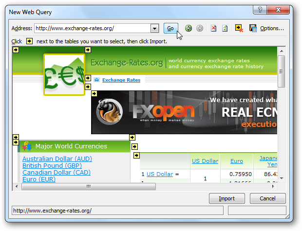 Import data into Excel 2010 from the web