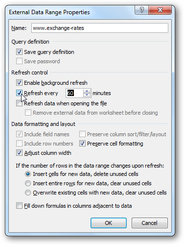 Import data into Excel 2010 from the web