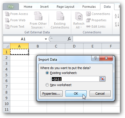 Import data into Excel 2010 from the web