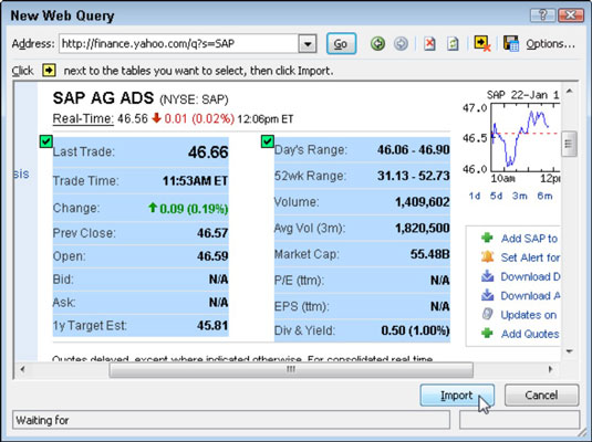 Import data into Excel 2010 from the web