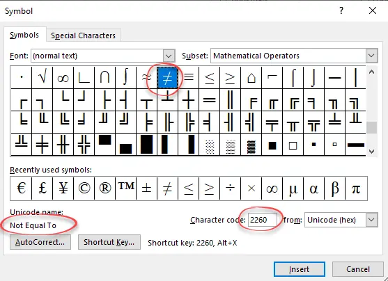 Insert a Not Equal Sign in Excel