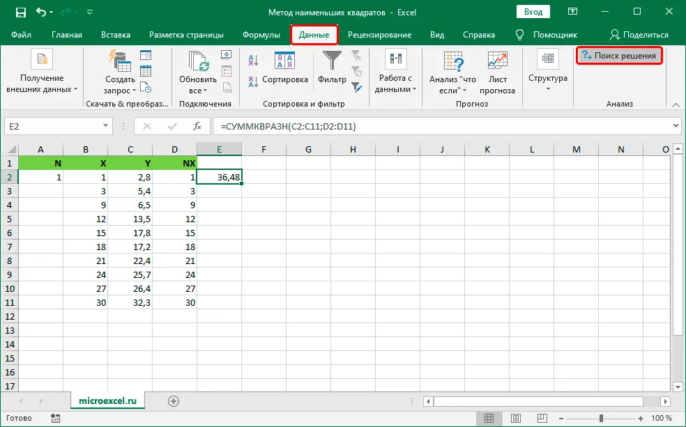 Least Squares in Excel