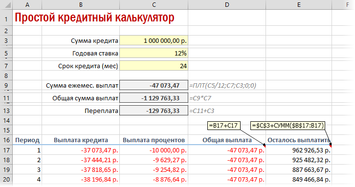 Loan calculation in Excel