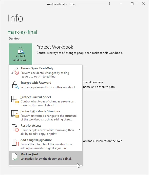 Mark the version of an Excel workbook as final