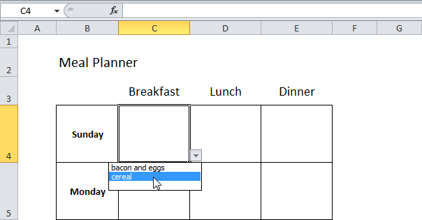 Meal Planner in Excel