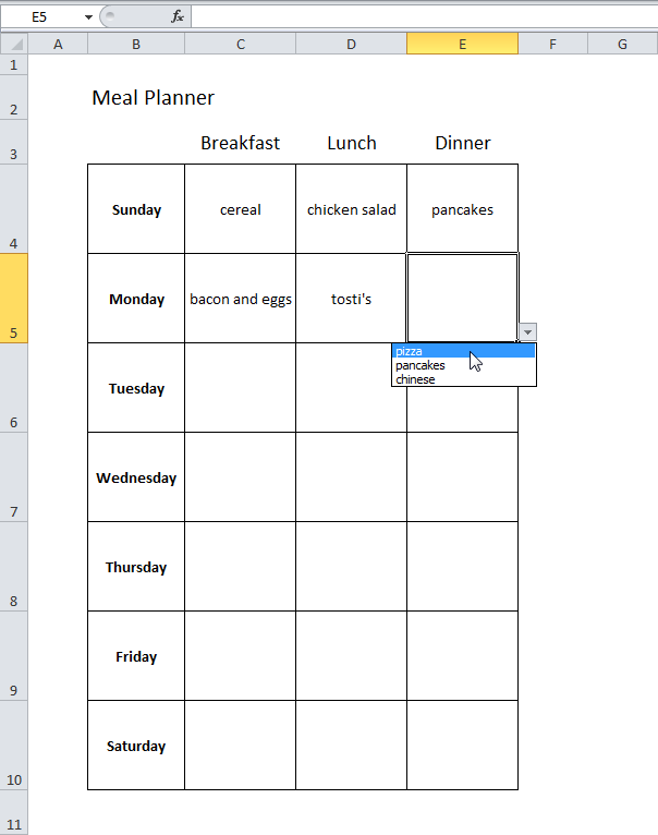 Meal Planner in Excel