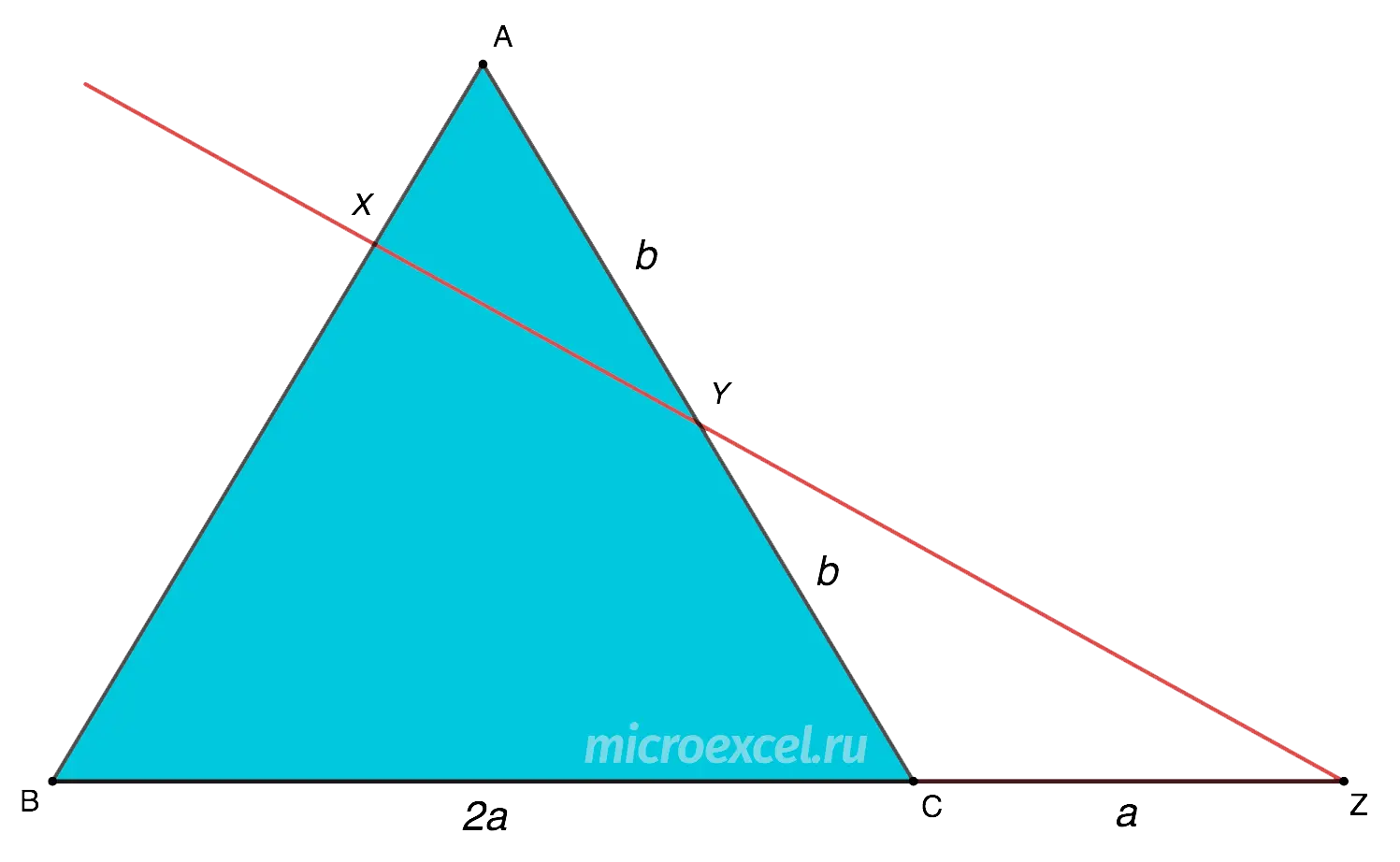 Menelaus theorem: formulation and example with solution