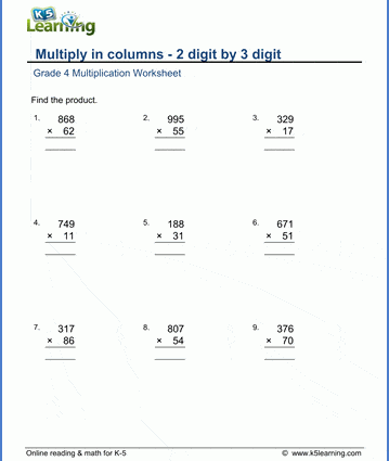 Multiplikation von zweistelligen, dreistelligen und mehrstelligen Zahlen mit einer Spalte