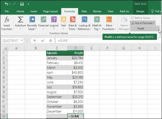 Names in Excel formulas