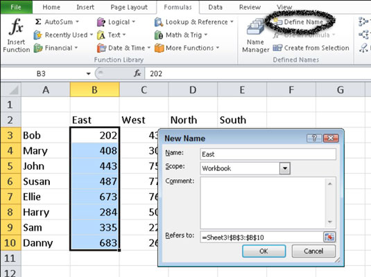 Poimenovanje celice in obsega v Excelu