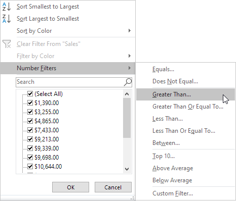 Numeric and text filters in Excel