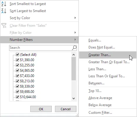 Numeric and text filters in Excel