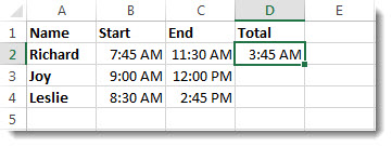 Operationer med tid i Excel