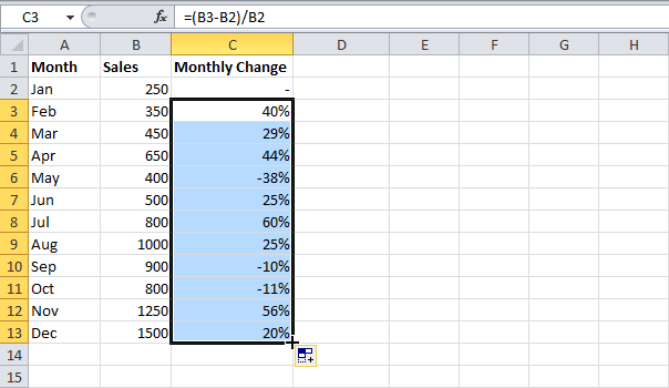 Percent change formula in Excel