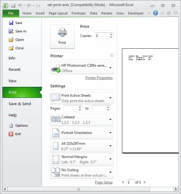 Print area in Excel