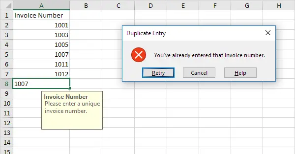 Prohibition of entering duplicate values