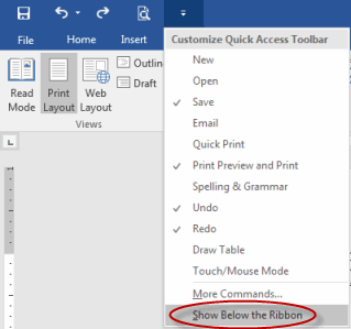 Quick Access Toolbar, Lineal an Dokument View Modi am Word