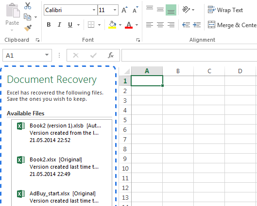 შენახული Excel ფაილის აღდგენა