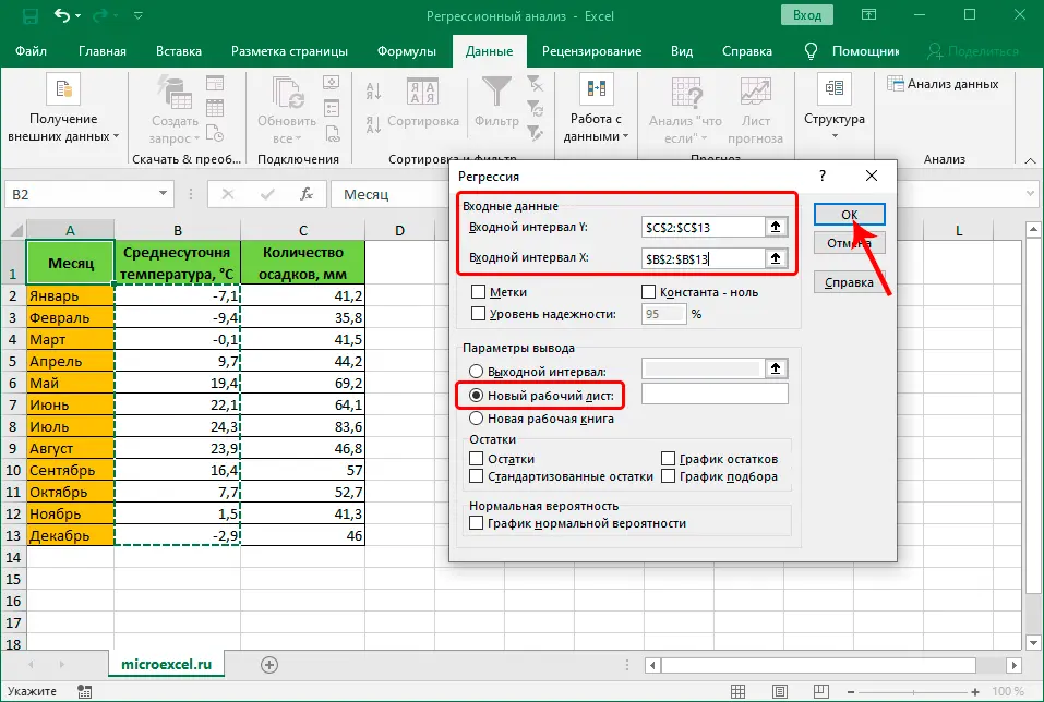 Regression data analysis in Excel