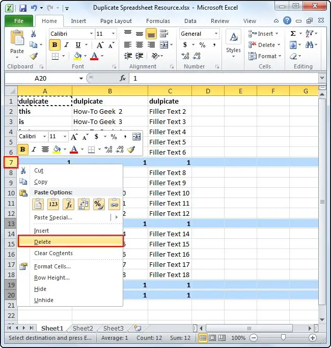 Remove duplicate rows in Excel