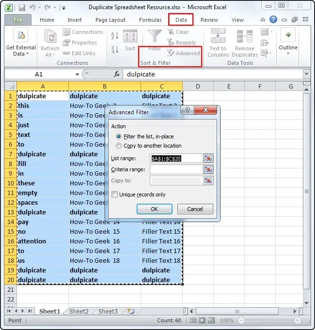 Remove duplicate rows in Excel