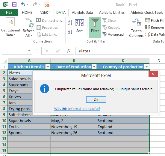 Remove duplicates in Excel using a native tool