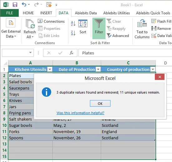 Remove duplicates in Excel using a native tool