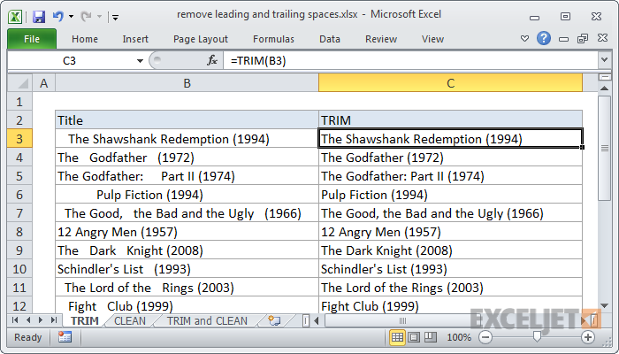 Removing extra spaces with the TRIM function and formulas