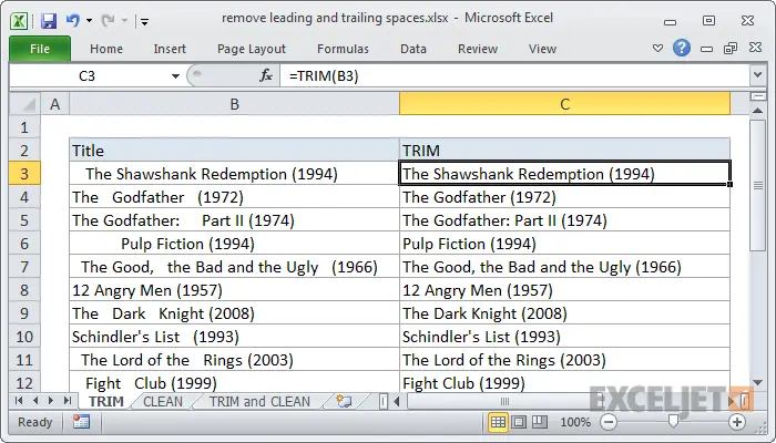 Removing extra spaces with the TRIM function and formulas