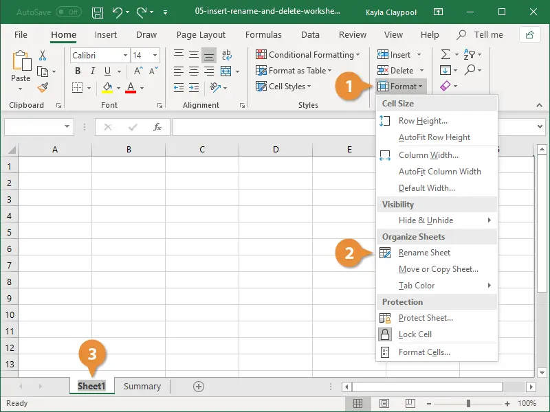 Rename, insert and delete a sheet in Excel