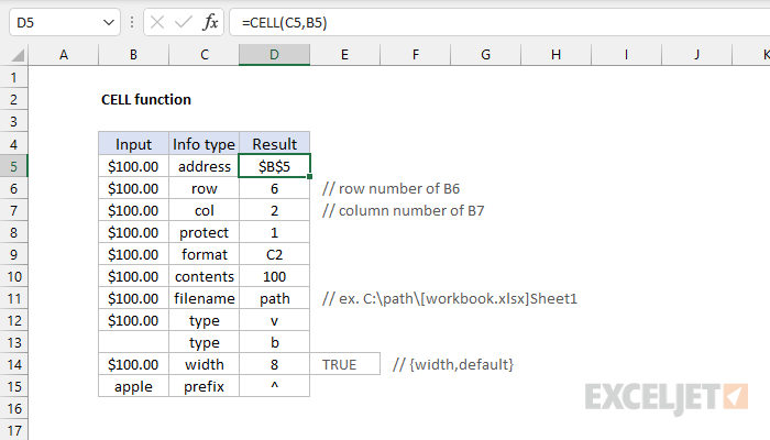 Retrieving information about a cell using the CELL function