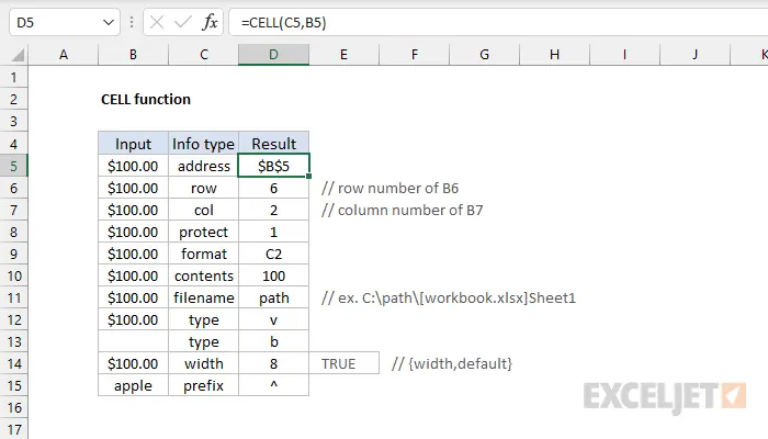 Retrieving information about a cell using the CELL function