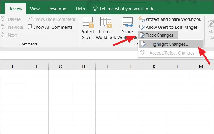 Review revisions in Excel