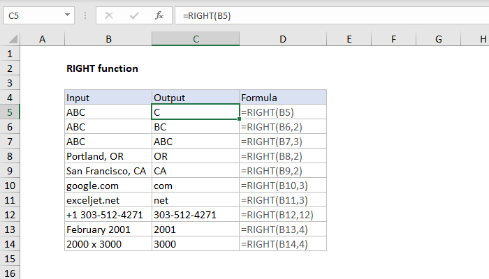 RETT i Excel. Formel og anvendelse av HØYRE funksjon i Excel