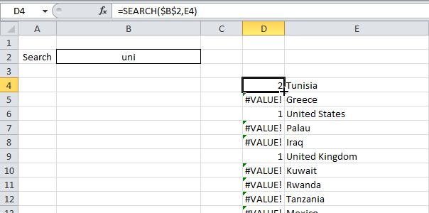 Search bar in Excel