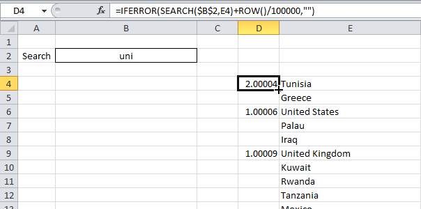 Search bar in Excel