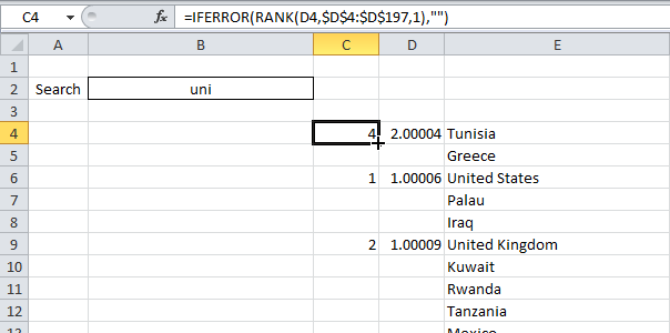 Search bar in Excel