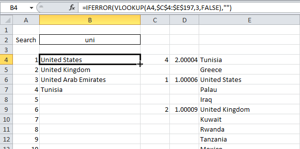 Search bar in Excel