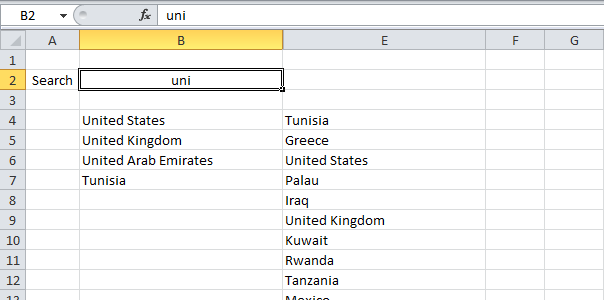 Search bar in Excel