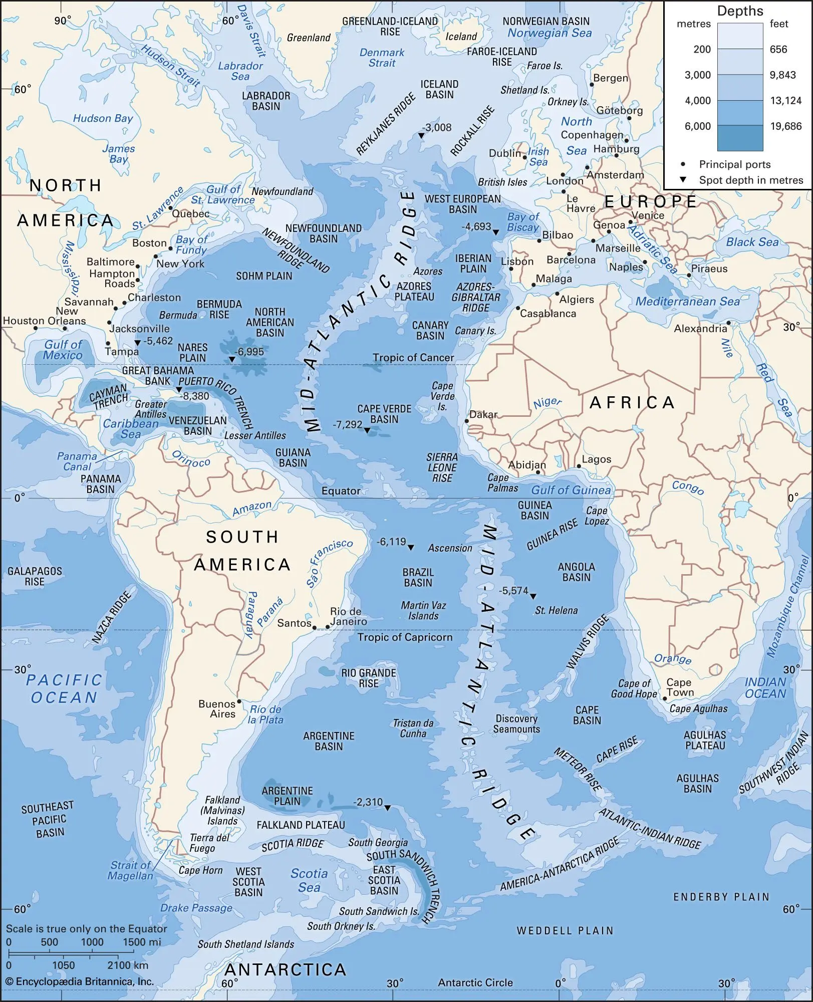 Seas of the Atlantic Ocean: table