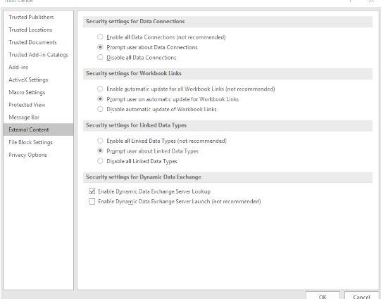 Security settings in Microsoft Excel