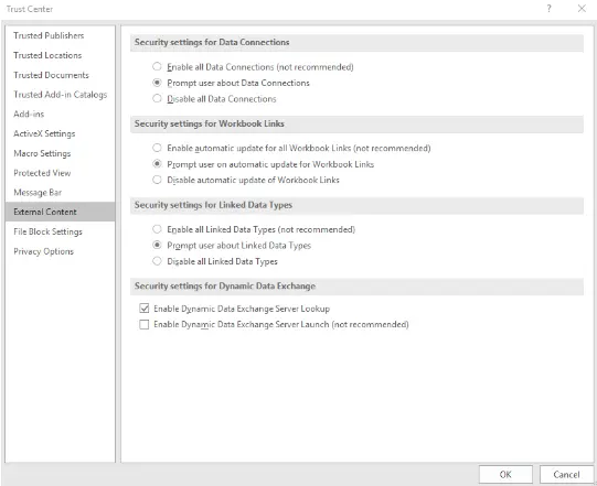 Security settings in Microsoft Excel