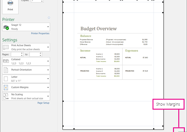 Setting margins and scale when printing in Excel