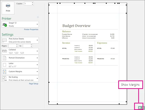 Setting margins and scale when printing in Excel