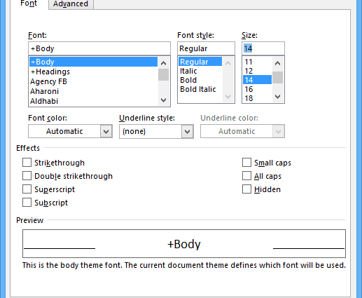 Setting the font in Microsoft Word