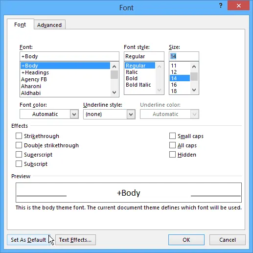 Setting the font in Microsoft Word