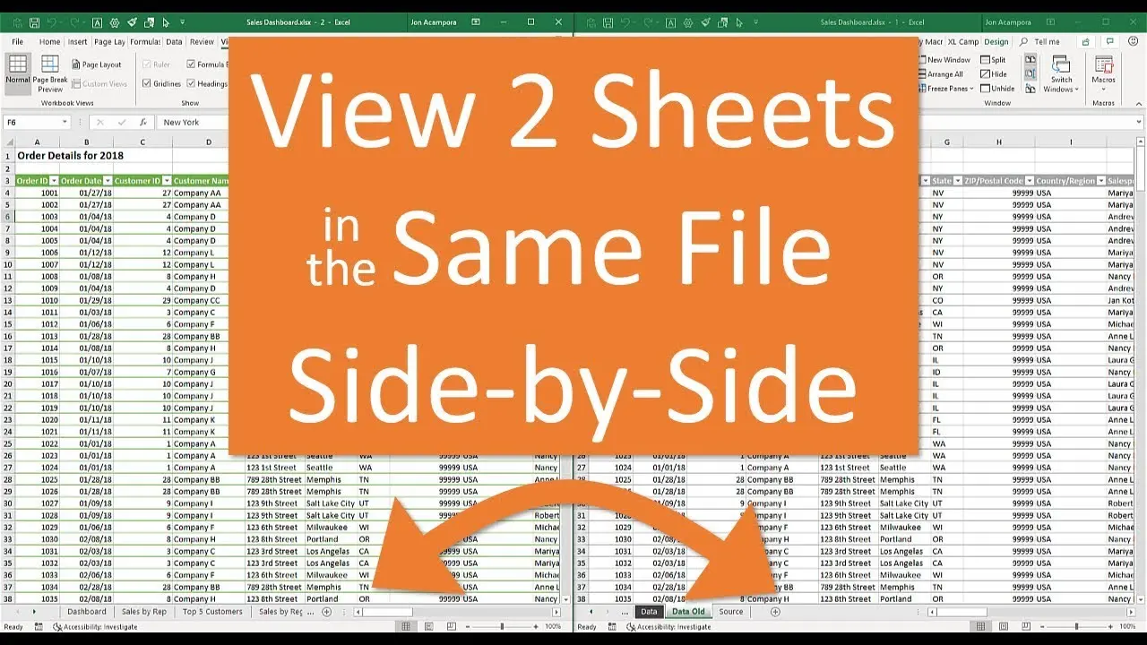 Split sheets and view Excel workbook in different windows