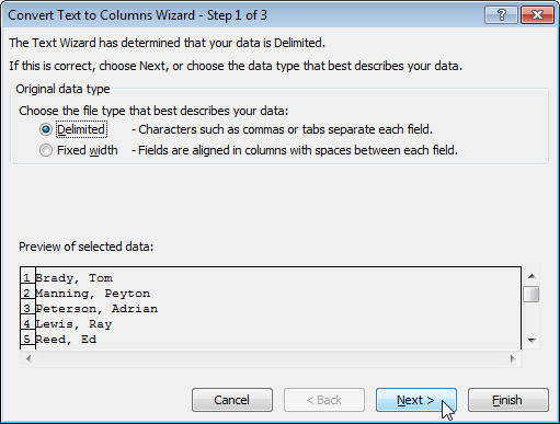 Split text by columns in Excel