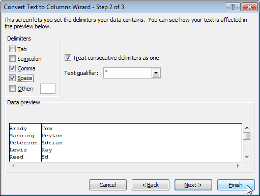 Split text by columns in Excel